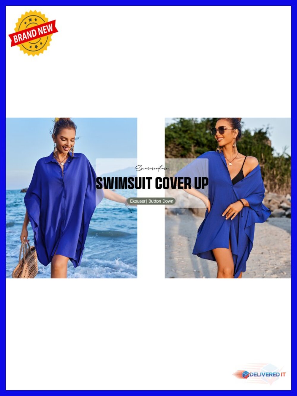 3/4 Sleeve Button Down Cover Up Loose Fit Swimsuit Beachwear - Picture 6 of 6